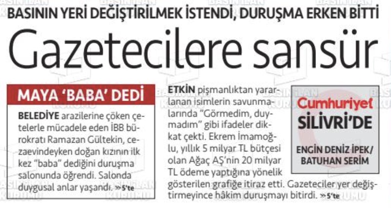 Yazmışsınız işte.. Neresi sansür edilmiş?
Yok, duruşma salonunda, hakim yargılama yaparken, onlar örgüt başı sanıkla röportaj yapabilmeli imişler.
Olur muhteremler, Ramazan günü, çay-börek servisi de ister misiniz. Hakim sizi beklesin, röportajınız bitince devam etsin,