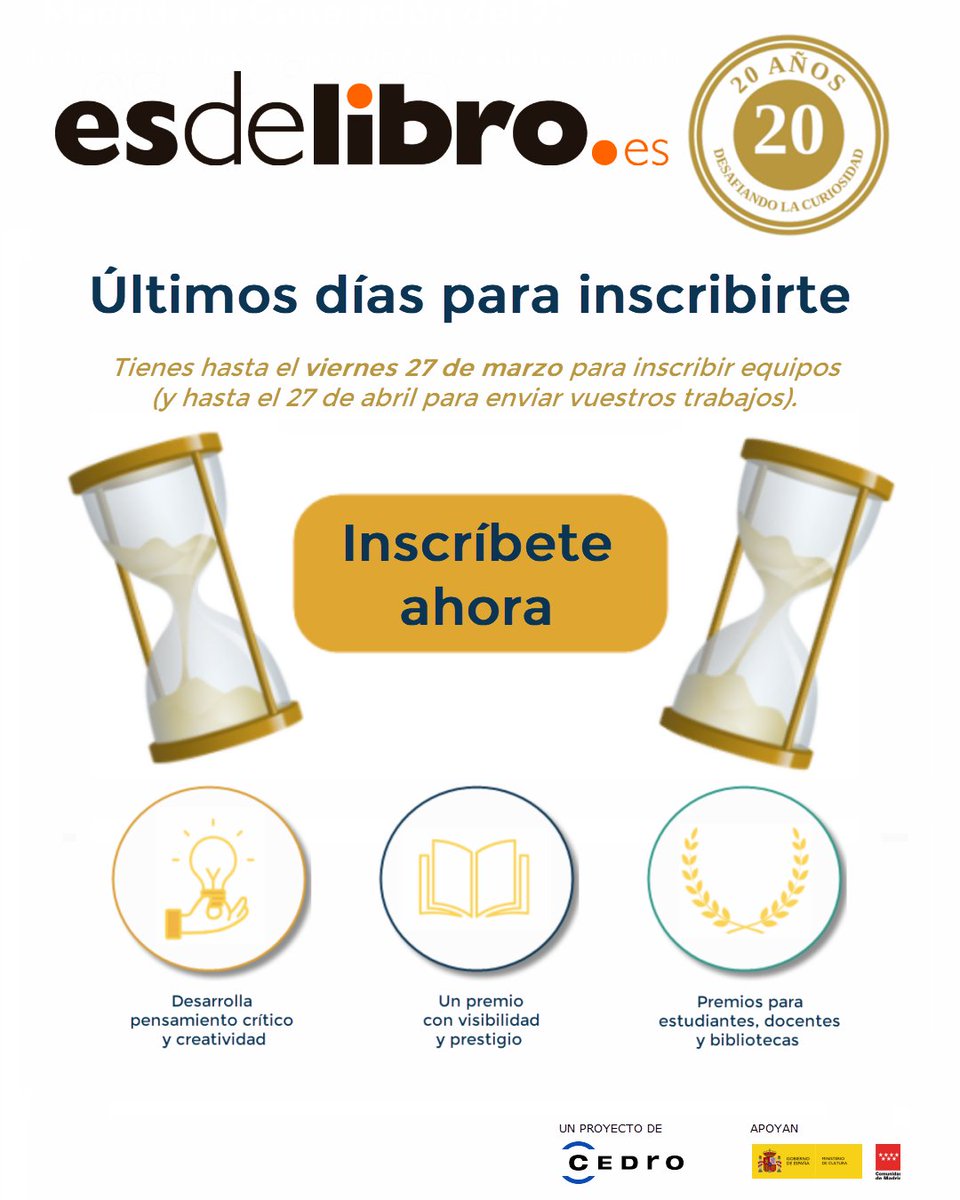 CEDROenlinea's tweet image. #Profesor​👩🏻‍🏫​👨🏻‍🏫​, hasta el viernes 27, aún puedes apuntarte con tus alumnos al concurso #Esdelibro para #jóvenesinvestigadores 

¿Quieres saber cómo? Mira nuestro último boletín 👉esdelibro.es/otros/boletin 

Apoyan @culturagob y @CulturaCMadrid