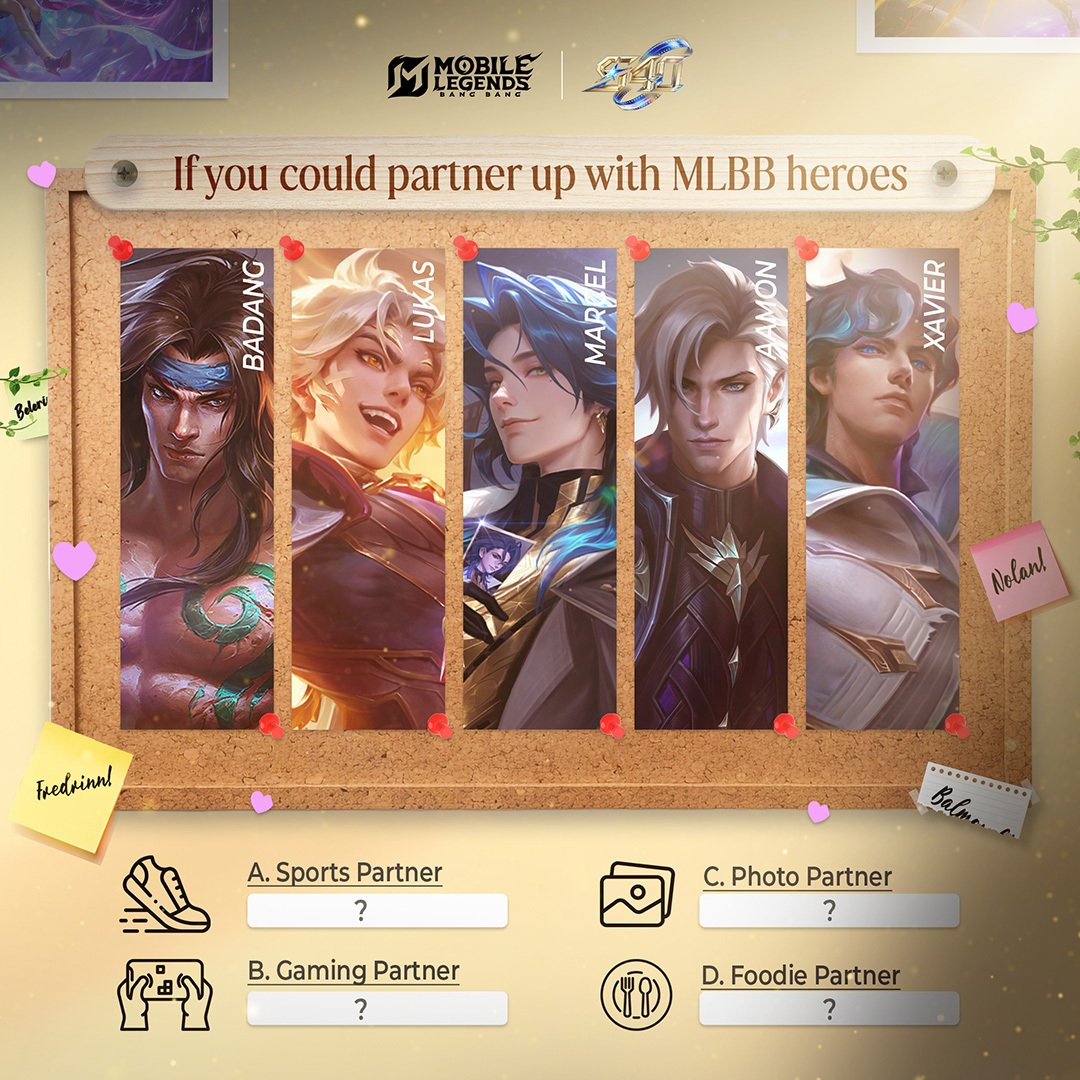 📷Dear MLBB players, if you could partner up with MLBB heroes 😎, how would you choose?
Share your thoughts in the comments!

#MLBBMarcel
#MLBBGoldenMonth
#MLBBS40
#MLBBNewHero
#MobileLegendsBangBang
#MLBB