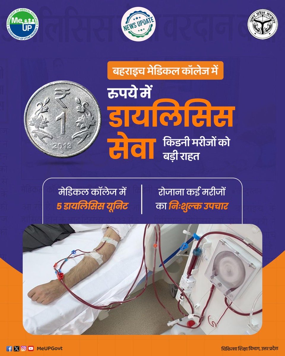 MeUPGovt's tweet photo. बहराइच मेडिकल कॉलेज में 1 रुपये में डायलिसिस सेवा, किडनी मरीजों को बड़ी राहत।

* मेडिकल कॉलेज में 5 डायलिसिस यूनिट। 
* रोजाना कई मरीजों का निःशुल्क उपचार।

#DialysisService
#KidneyCare
#BahraichMedicalCollege
#AffordableHealthcare
#FreeTreatment
#KidneyHealth
#HealthcareForAll
#UPHealthServices
#PatientCare
#BetterHealthcare