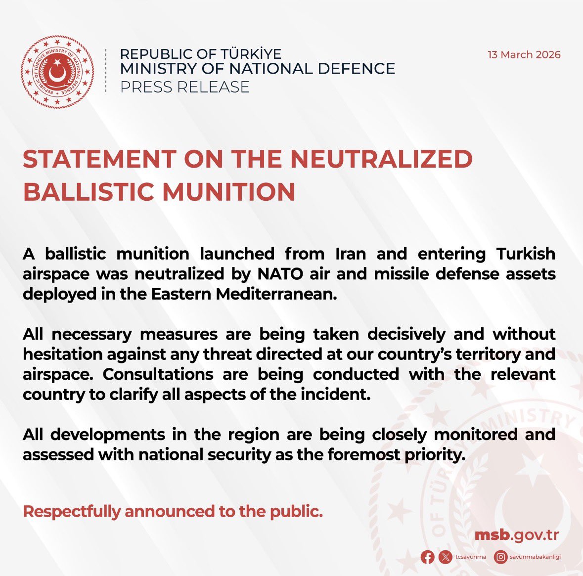 sinemkoseoglu's tweet photo. Türkiye MoD statement:

• Ballistic munition launched from Iran and entering Turkish airspace was neutralized by NATO air & missile defense assets in the Eastern Mediterranean.
• Türkiye says all necessary measures are being taken against threats to its territory and airspace.
• Consultations ongoing with the relevant country to clarify the incident.
• Developments in the region are being closely monitored with national security as the top priority.