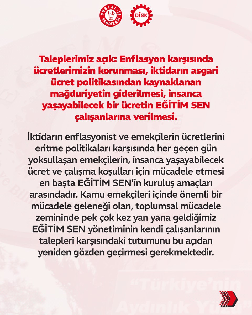 sosyalissendika's tweet photo. EĞİTİM SEN’le toplu iş sözleşmesi sürecinde anlaşma sağlanamadı. Haklarımız için eyleme geçiyoruz!

🔴 Sendikamızla EĞİTİM SEN arasında devam eden 8. Dönem Toplu İş Sözleşmesi görüşmelerinde anlaşma sağlanamamıştır. En son 10 Şubat 2026 tarihinde yapılan görüşmede de ilerleme sağlanamayınca Uyuşmazlık Tutanağı tutulmuştur.

🔴 En son gelinen nokta taleplerimizin uzağında, TÜİK enflasyonunun bile altında oranlarda ve EĞİTİM SEN çalışanlarının ücretlerinin hayat pahalılığı karşısında daha fazla erimesine neden olacak düzeydedir.

📝 Taleplerimiz açık: Enflasyon karşısında ücretlerimizin korunması, iktidarın asgari ücret politikasından kaynaklanan mağduriyetin giderilmesi, insanca yaşayabilecek bir ücretin EĞİTİM SEN çalışanlarına verilmesi.