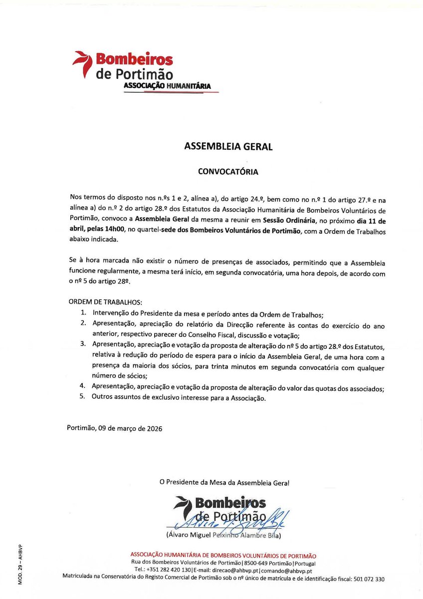 CB_Portimao's tweet photo. CONVOCATÓRIA || ASSEMBLEIA GERAL ORDINÁRIA 
Associação Humanitária de Bombeiros Voluntários de Portimão
11 DE ABRIL DE 2026 – 14H00 https://t.co/MJAtXy3Bw0