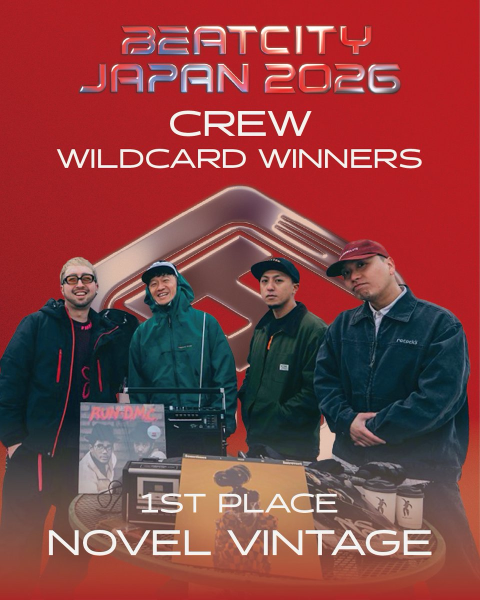 BEATCITYJAPAN's tweet photo. 🏆️BEATCITY JAPAN 2026 WILDCARD WINNER🏆️

CREW Category 1st Place🥇

👤NOVEL VINTAGE

Congratulations on advancing to the BEATCITY JAPAN FINAL 🔥

◆BCJ26 FINAL
📍 TOYOSU PIT
🗓️ 5/5・5/6
🎫チケット販売中⬇️
🔗：https://t.co/7RGCA2rBqz

#beatcityjapan
#beatbox
#bbx
#bcj26 https://t.co/2ygW0czilN