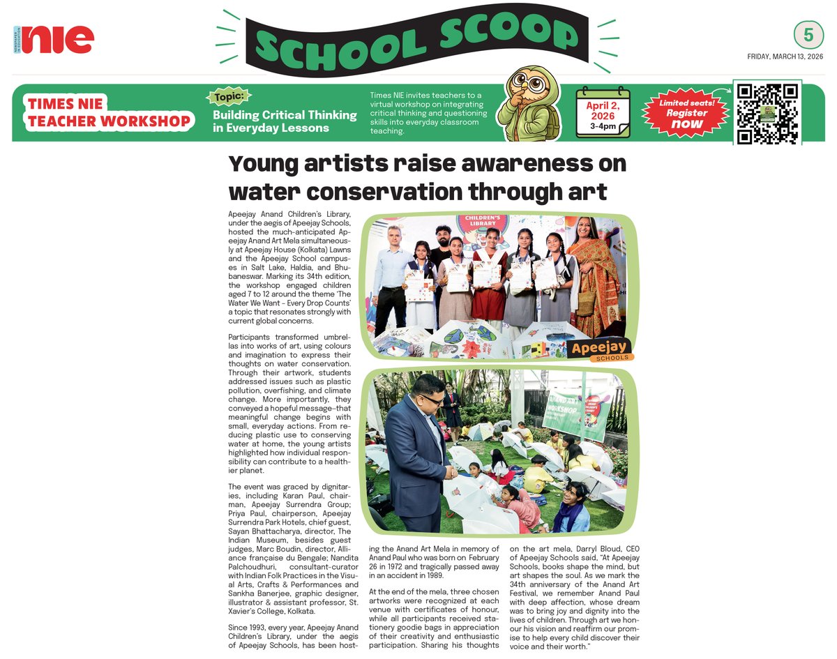 The 34th Apeejay Anand Art Mela saw young artists transform umbrellas into vibrant canvases, inspired by the theme “The Water We Want – Every Drop Counts.” 

A celebration of creativity and awareness, featured in The Times of India.

#apeejay #art