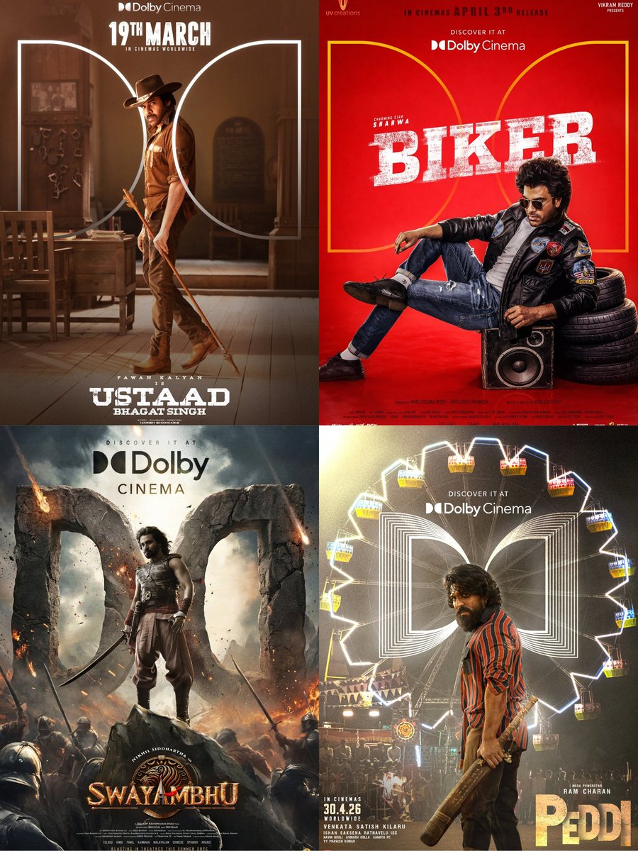 IamstoicH's tweet photo. Telugu Cinema is stepping into the Dolby Cinema era 🔊✨

With #AlluCinemas launching its spectacular Dolby Cinema screens, the next wave of biggies is gearing up for the ultimate cinematic experience 🎬🔥

#UstaadBhagatSingh
#Biker
#Swayambhu
#Peddi

All set to release worldwide in Dolby formats, arriving one after another with just two weeks gap 🌍🍿

Get ready to witness Telugu cinema like never before bigger, louder, and more immersive! 🚀🎥

#PawanKalyan #RaashiKhanna #Sreeleela #Ramcharan #JanhviKapoor #arrahman #Sharwanand #Nikhilsiddharth