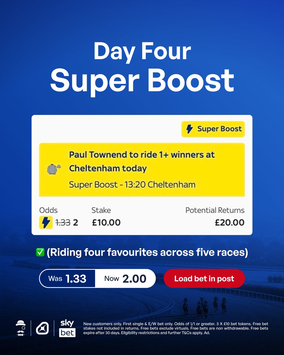 AndyRobsonTips's tweet photo. ⚡️ ALL OVER THIS SUPER BOOST

Load Boost: https://t.co/uI4noTzeVL

Get £30 in Free Bets, when you join Sky Bet below and stake £1 on this Super Boost.

Claim offer: https://t.co/oXzPHt2CZJ

📝 Riding four favs, across five races.

♥️ LIKE if you're on.

18+, T&amp;Cs Apply. Ad. https://t.co/e9CtIrTcHZ