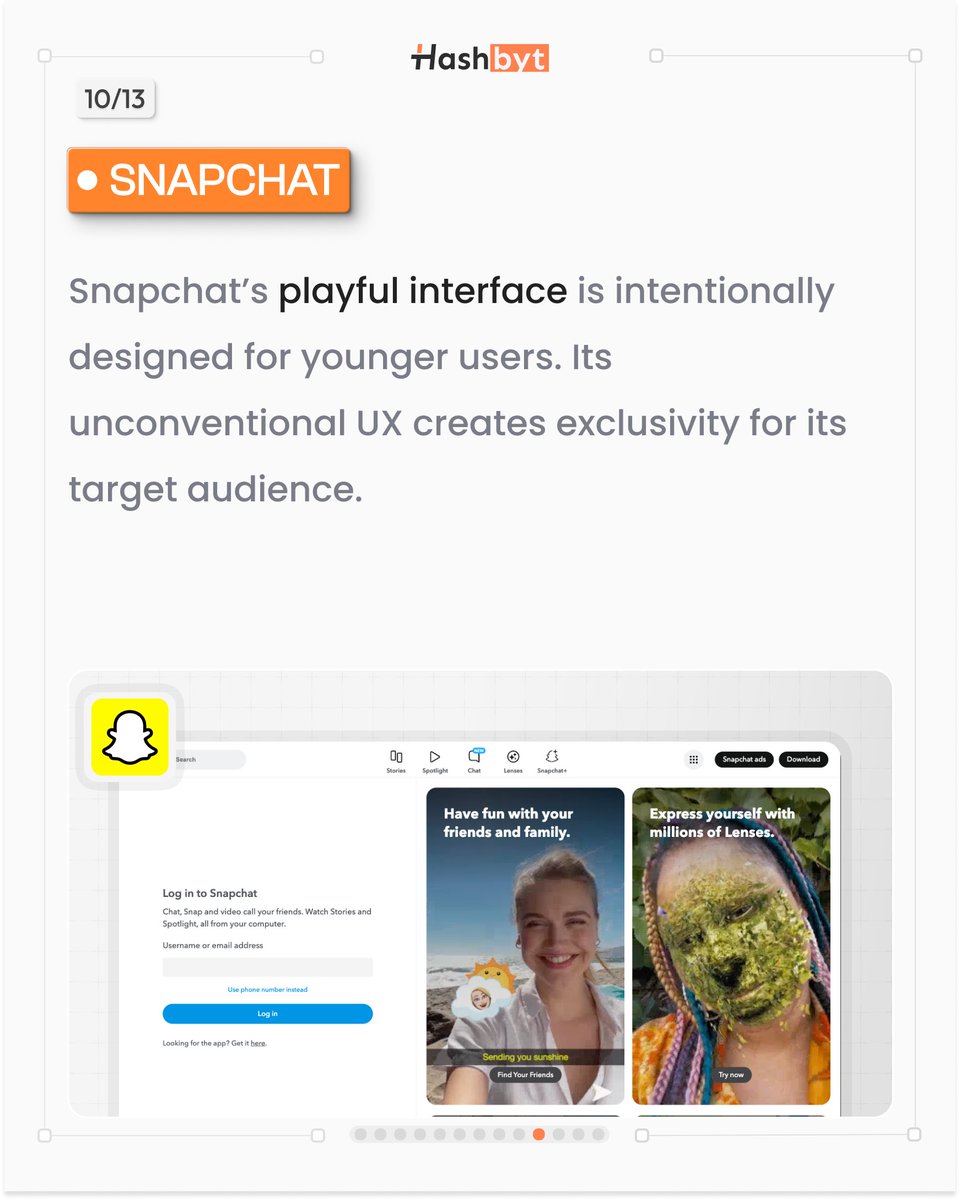 hashbyt's tweet photo. Snapchat UX pattern:

Design for a specific audience.

Playful, unconventional UX.

Perfect for younger users.

Good UX isn’t universal, it’s audience-focused.
@Snapchat 
#Snapchat #ProductDesign #UXStrategy https://t.co/vq5q6rMd3i