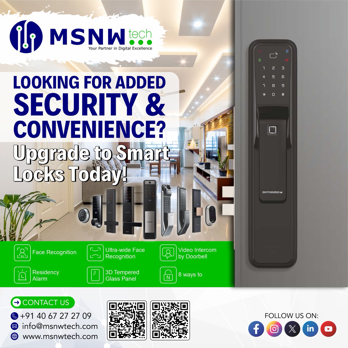 msnwtechpvtltd's tweet image. 🔒 Boost Security with Smart Door Locks &amp;amp; Garage Door Openers! 🚪
📱 Call us: +91 88869 13131 | +91 83415 59649
📧 Email: info@msnwtech.com | 📍 Hyderabad, Telangana
🌍 #SmartLocks #GarageOpeners #SecureHomes #MSNWTech
#HomeAutomation #SecuritySolutions #RemoteMonitoring