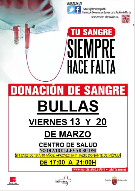 #BuenosDías esta tarde tenemos una cita especial con la VIDA en el #Noroeste de la Región de Murcia 🫶

📍Os esperamos para #DonarSangre #DonarVida 👇
#Bullas centro de salud
#Barranda y #Archivel (Caravaca de la Cruz)
⏰de 17 a 21h.
