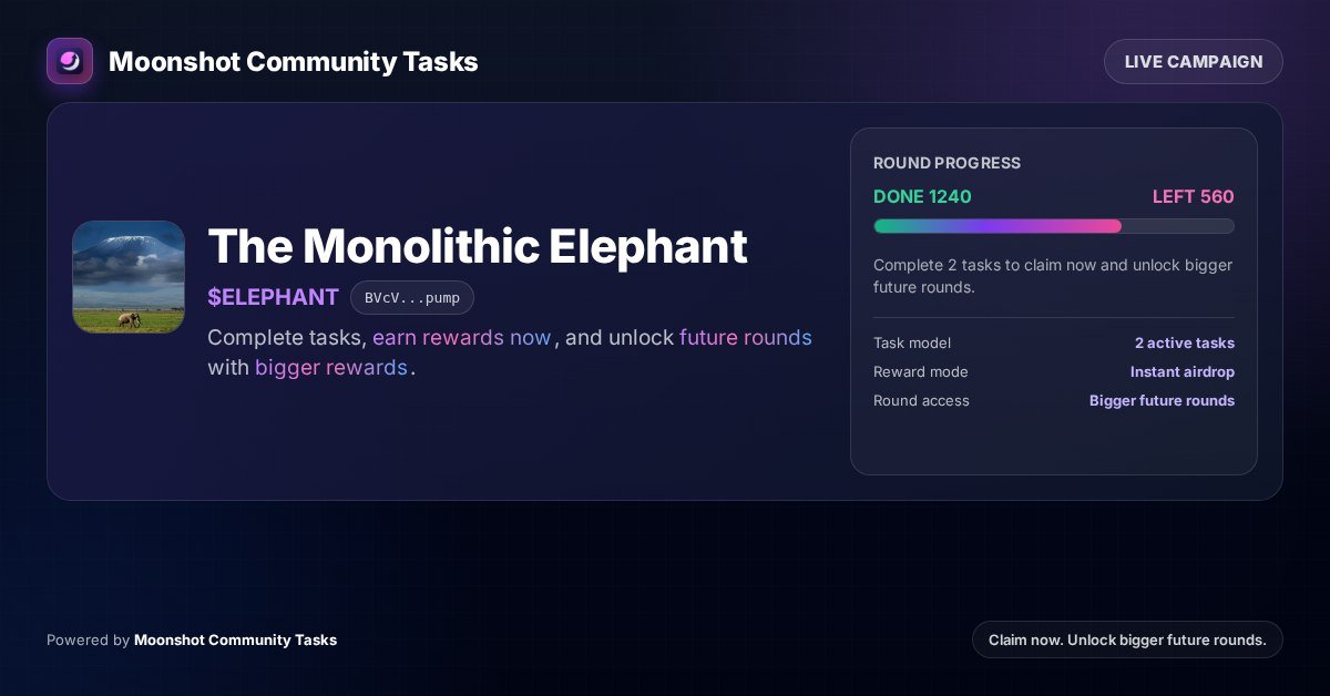 jdalmaraz's tweet photo. Community Tasks for $ELEPHANT by Moonshot are now live! 

Participate while spots in the current round are still available and claim exclusive rewards.

https://t.co/57Pa6Mfdjt https://t.co/RR9p3hBkbI