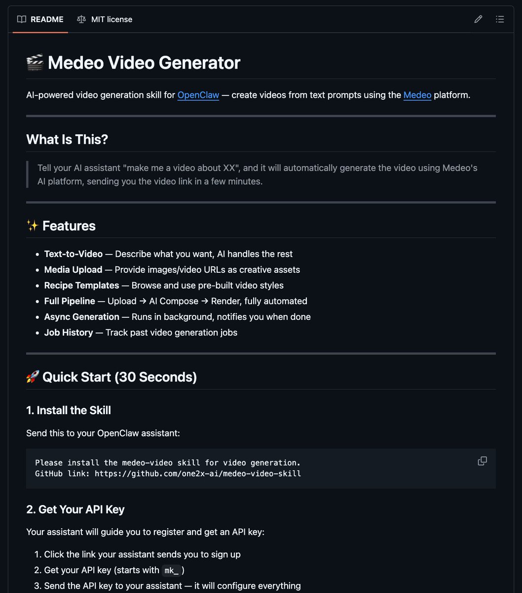 Medeo Video Skill releases OpenClaw chat-to-video setup with 30-second API-key install