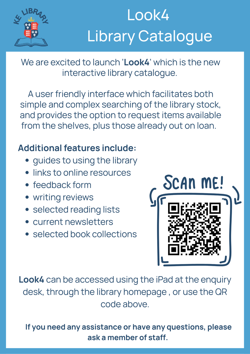KingEdLib's tweet photo. 📢📚We're excited to launch 'Look4' which is the new interactive library catalogue, check it out below.⬇️ #kedst #YourLibrary📚📢 https://t.co/QwpdgKafrz