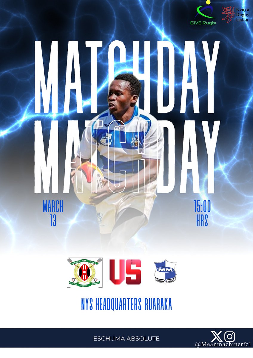 Meanmachinerc1's tweet photo. MATCHDAY. 🏉🔥
It’s game time as Mean Machine RFC take on Kenya National Youth Service RFC tomorrow.
📍 NYS Headquarters, Ruaraka
⏰ 3:00 PM
Pull up and support the Machine as we battle for the win.
#MeanMachine #MatchDay #Eschuma https://t.co/PUeMKZhUU2