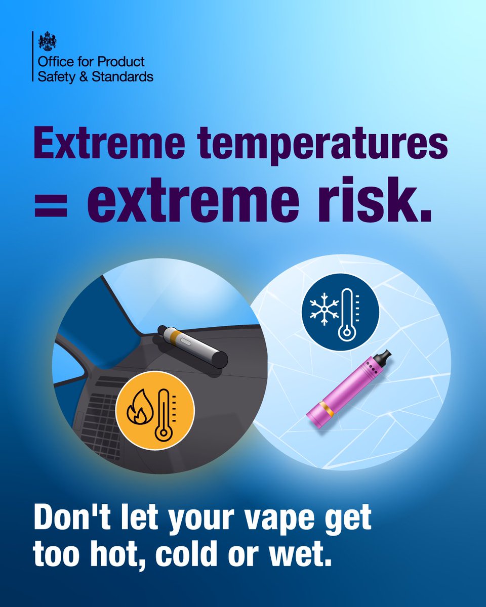 OfficeforSandS's tweet image. Exposing your vape to extreme temperatures is a fire risk.

❌ Avoid leaving it in a hot car or out in the freezing cold.
❌ Never use damaged, swollen or hot batteries.

gov.uk/guidance/my-sa…

#SmallHabitsBigDifference #SafeVapeDisposal #DontBinThatVape! #BatteryFires