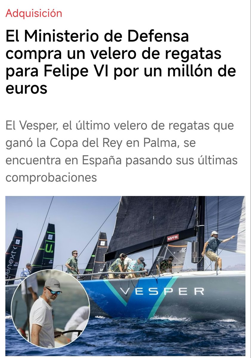El Ministerio de Defensa de Margarita Robles acaba de comprar un velero de regatas para disfrute del monarca Felipe VI. Nos ha costado un millón de euros. Nos mean en la cara.