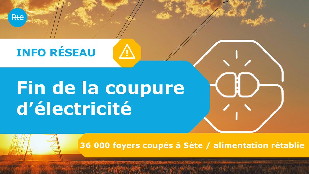 RTE_med's tweet photo. Un incident technique sur le Réseau de Transport d’Electricité a impacté l’alimentation de la @villedesete  peu avant 10h ce matin.
36 000 foyers ont été coupés.
Les équipes de RTE se sont rapidement mobilisées pour rétablir le courant aux alentours de 10h30. https://t.co/QcJYol5CCd