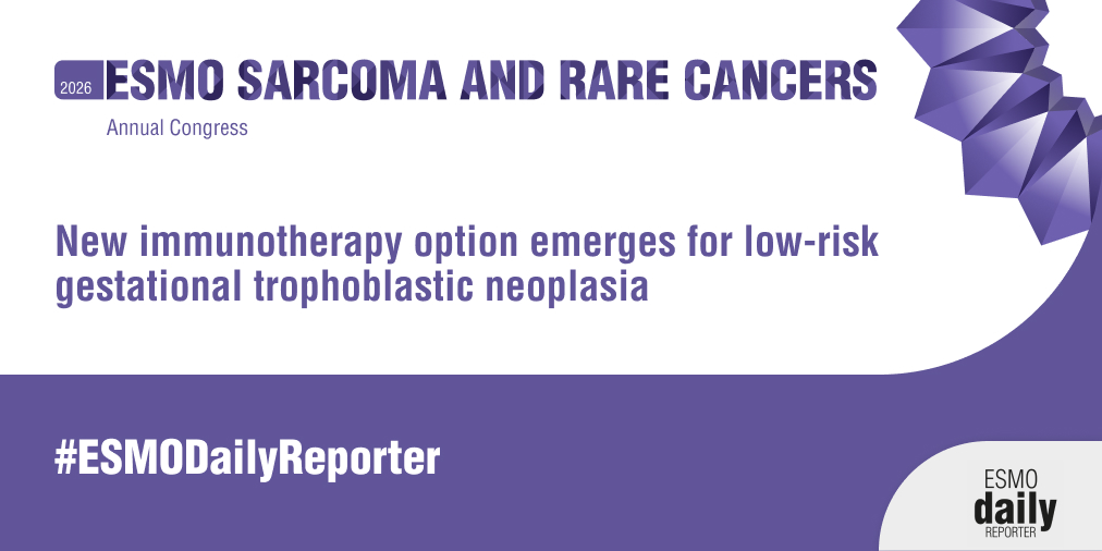 myESMO's tweet image. #ESMORareCancers26: Adding first-line #immunotherapy to methotrexate improved response in patients with low-risk gestational trophoblastic neoplasia (#GTN) but must be balanced w/ safety &amp;amp; fertility considerations. ➡️Check out the #ESMODailyReporter: ow.ly/1gXW50YsKII