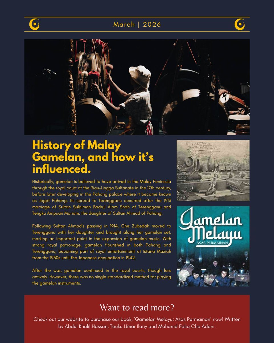 Dari Riau–Lingga pada abad ke-17 ke Pahang, dan kemudiannya ke Terengganu melalui ikatan diraja pada tahun 1913, tradisi ini berkembang dengan naungan kuat institusi istana dan menjadi sebahagian daripada hiburan diraja.

#GamelanMelayu #MalayGamelan #WarisanBudaya #Gangsapura