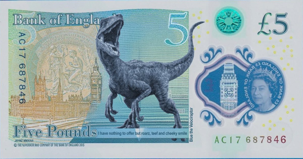 Jaymz_1976's tweet image. I think i can speak for most when I say this is our chosen animal. #bankofengland #newfivepoundnote  #newcurrency #fiver #jurassicpark #velociraptor #blue #nedesign