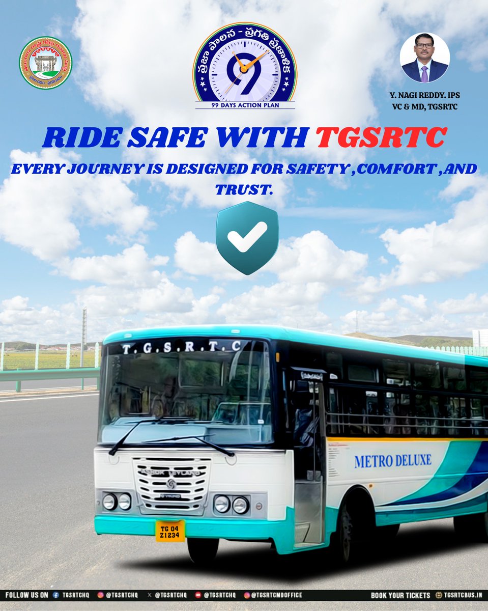 TGSRTCHQ's tweet image. Safety isn't just a promise — it's our priority.
Choose TGSRTC and enjoy a smart, secure, and comfortable journey every time you travel.🚌

#tgsrtc #safetravel #smartchoice #saferide #traveltelangana #publictransport #safejourney #bustravel