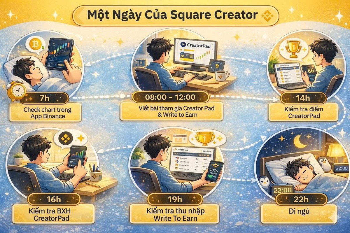 Nếu bạn trở thành 1 Square Creator thì một ngày của bạn sẽ như thế này 👇🏼

- 7h: dậy check chart trong App Binance
- 8-12h: Viết bài tham gia Creator pad &amp; Write to Earn
- 14h: Kiểm tra điểm CreatorPad
- 16h: Kiểm tra BXH CreatorPad
- 19h: Kiểm tra thu nhập Write