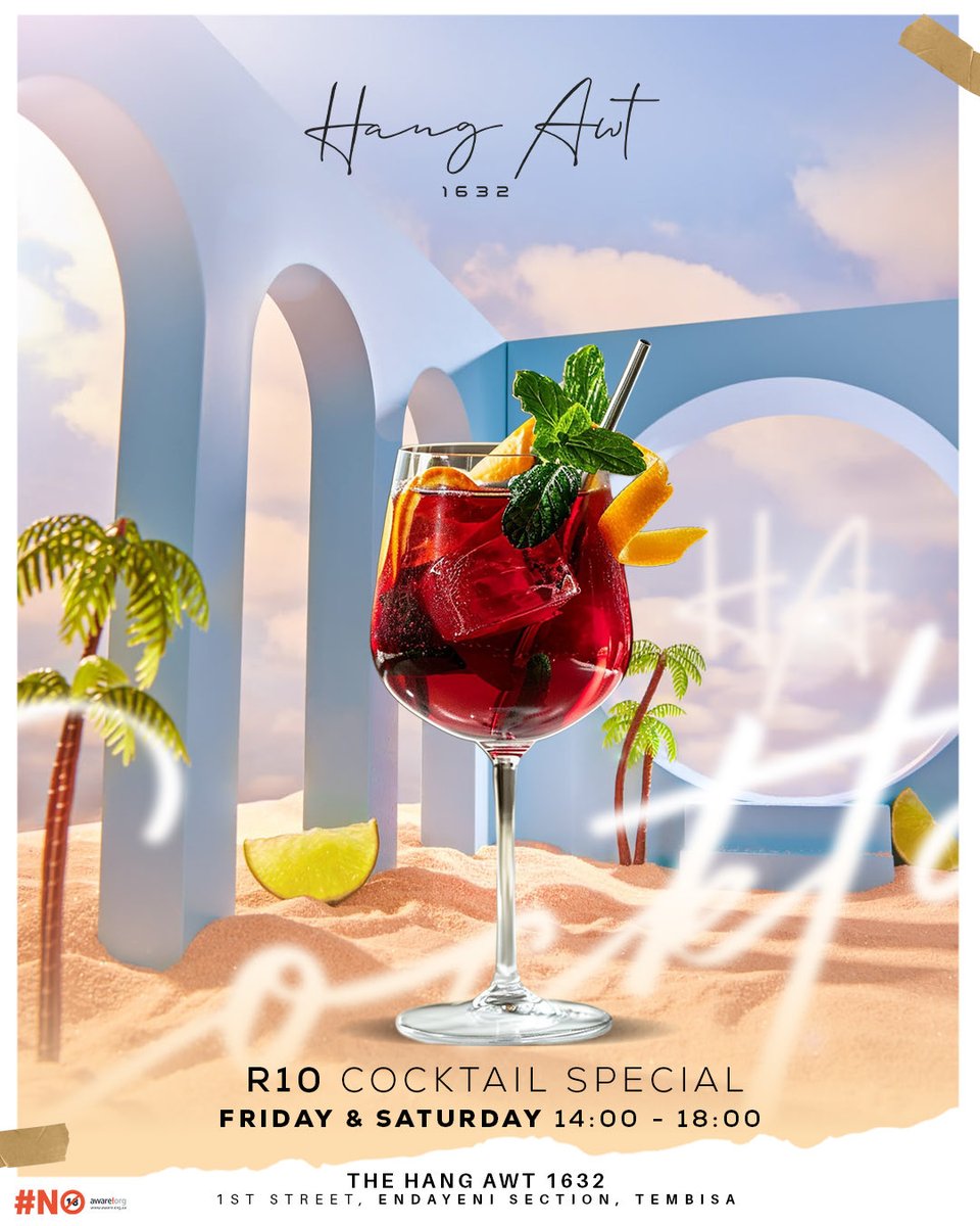 An elegant setting, refreshing cocktails, and the perfect start to your weekend!🔥

Enjoy our R10 Cocktail Special every Friday &amp; Saturday from 14:00 – 18:00 at Hang Awt 1632.

#thehangawt