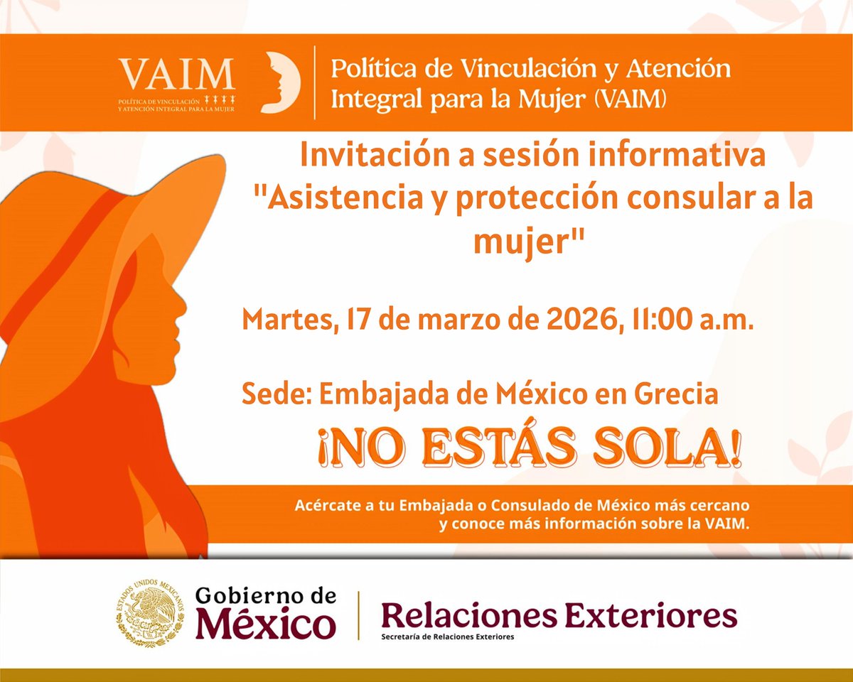EmbaMexGre's tweet photo. 📌Te invitamos a la sesión informativa: “Asistencia y Protección Consular a la Mujer” el martes 17 de marzo, a las 11:00 horas, en la Embajada. 

Confirma tu participación en el correo consularesgre@sre.gob.mx

 #VAIM #AcércateATuEmbajada #ProtecciónConsular #ProtecciónPreventiva https://t.co/YdYA3LbjHO