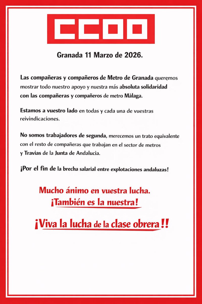 LAS COMPAÑERAS Y COMPAÑEROS DE METRO DE GRANADA MUESTRAN SU APOYO A LAS COMPAÑERAS Y COMPAÑEROS DE METRO MÁLAGA