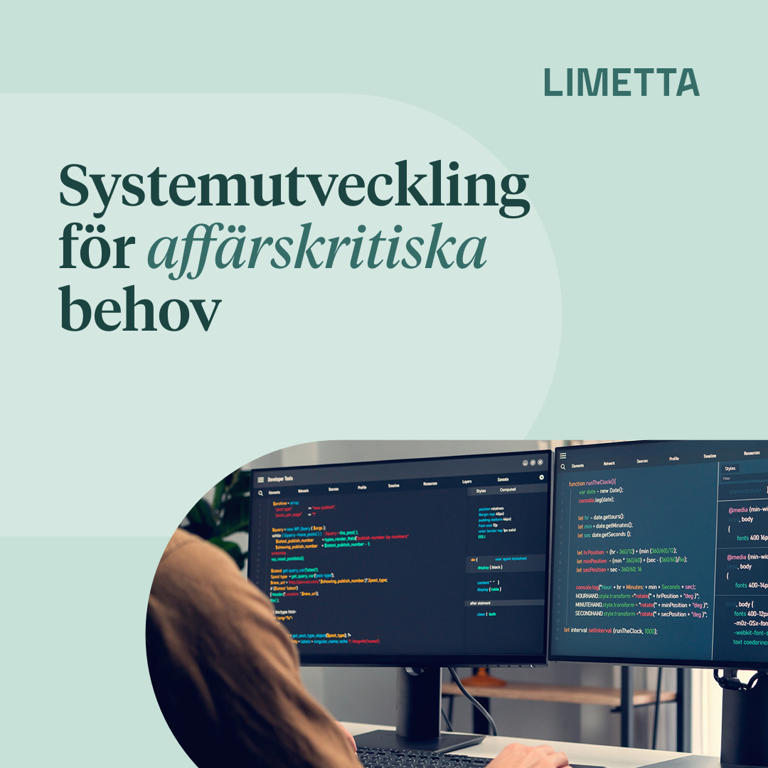 Vi utvecklar och moderniserar affärskritiska lösningar på   enterprise-nivå. Systemutveckling för hantering av flöden, integrationer och stora datamängder.
limetta.se/vad-vi-gor/sys…