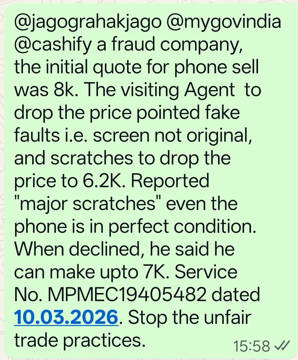tcs_india's tweet photo. @jagograhakjago @mygovindia @cashify a fraud company, the initial quote for phone sell 8k. The visiting Agent  to drop the price pointed fake faults i.e. screen not original scratches to drop the price to 6.2K. Reported "major scratches" even the phone is in perfect condition. https://t.co/lFsGxvM2ri