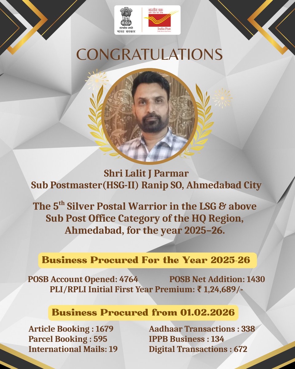 pmgnorthgujarat's tweet photo. Proud to announce that Sh. Lalit J Parmar, #SubPostmaster, #Ranip Sub #PostOffice, under #Ahmedabad City Division has been declared 5th Silver #Postal Warrior under North #Gujarat Region, #Ahmedabad. Heartiest congratulations
@IndiaPostOffice
@JM_Scindia https://t.co/Dqv2pmUQvK