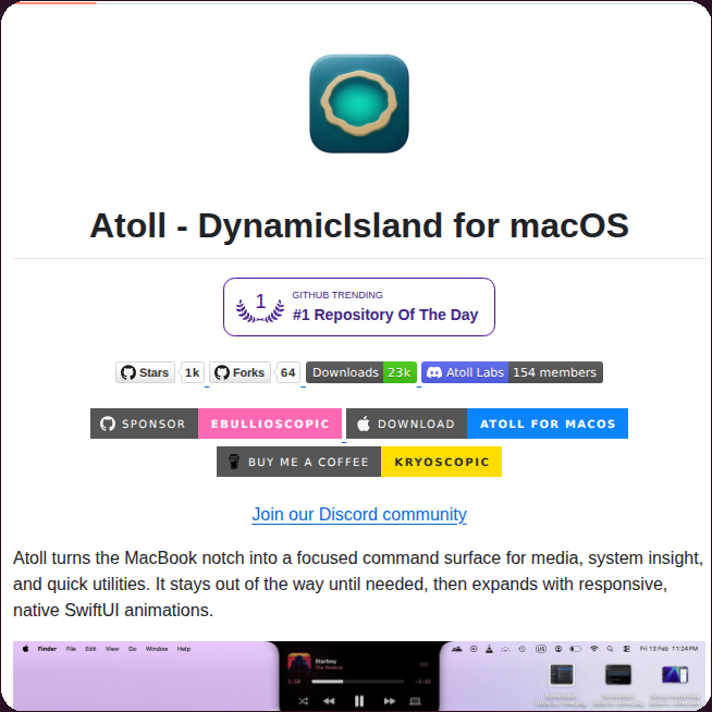 tom_doerr's tweet photo. Dynamic island for macOS notches

https://t.co/LaRwKjKhHJ https://t.co/wl8MPEiyVN