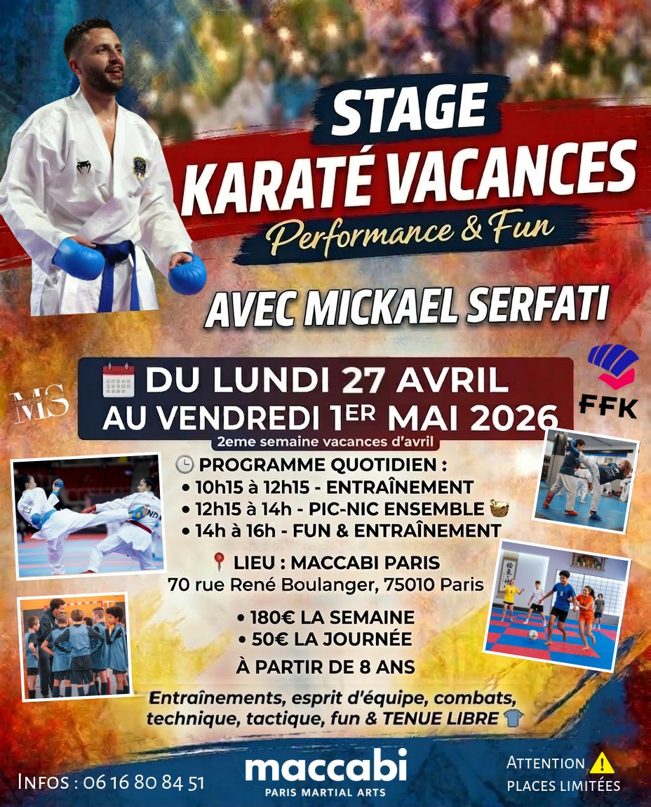 NOUVEAU 🆕 1ère ÉDITION 

​🥋 Stage Karaté Vacances – Performance &amp; Fun

📅 2ème semaine des vacances d’avril

​📍 @maccabiparis

⚠️ Places limitées

​Alors, prêt à relever le défi ? 👊🥋🤾‍♂️🎉📈

Infos et inscriptions en DM 📩

​#karate #maccabiparis #stagekarate <a href="/ffkarate/">FFKaraté</a>