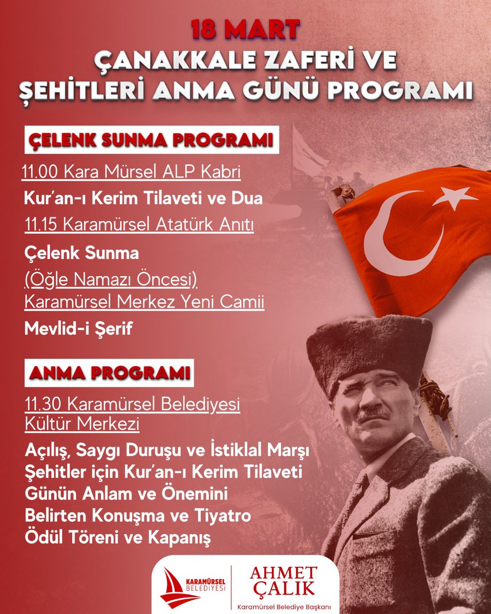18 Mart Çanakkale Zaferi ve Şehitleri Anma Günü dolayısıyla ilçemizde düzenlenecek anma programında, aziz şehitlerimizi rahmet ve minnetle anacağız. 

Tüm hemşehrilerimizi programımıza davet ediyoruz.