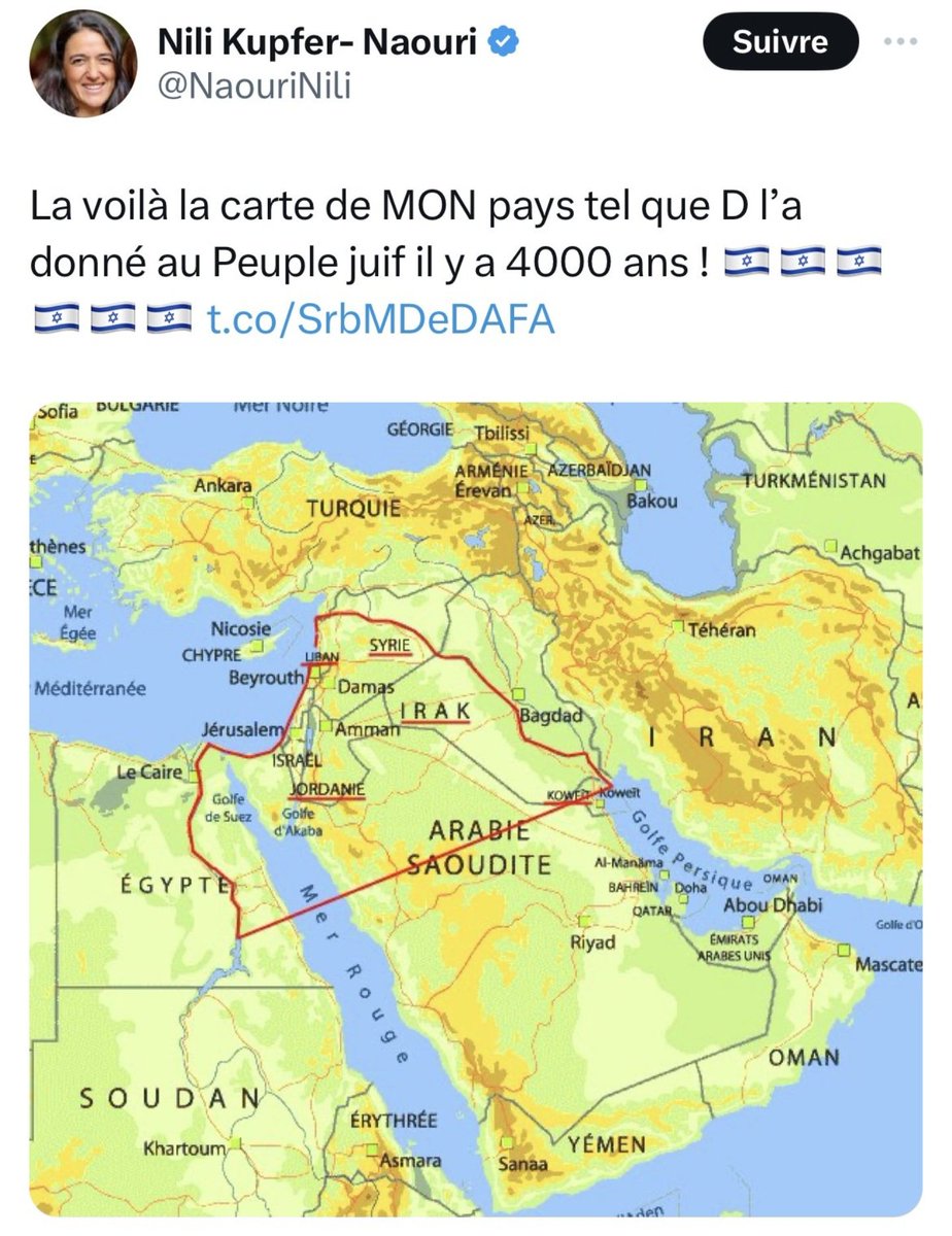 En invoquant la venue du Messie, il justifie la guerre contre l'Iran par une lecture de la Torah au pied de la lettre.
C'estce que fait l'extrême-droite suprémaciste🇮🇱, qui utilise le livre de la Genèse ("Berechit" en hébreu) comme un "titre de propriété" sur le "Grand Israël"⤵️