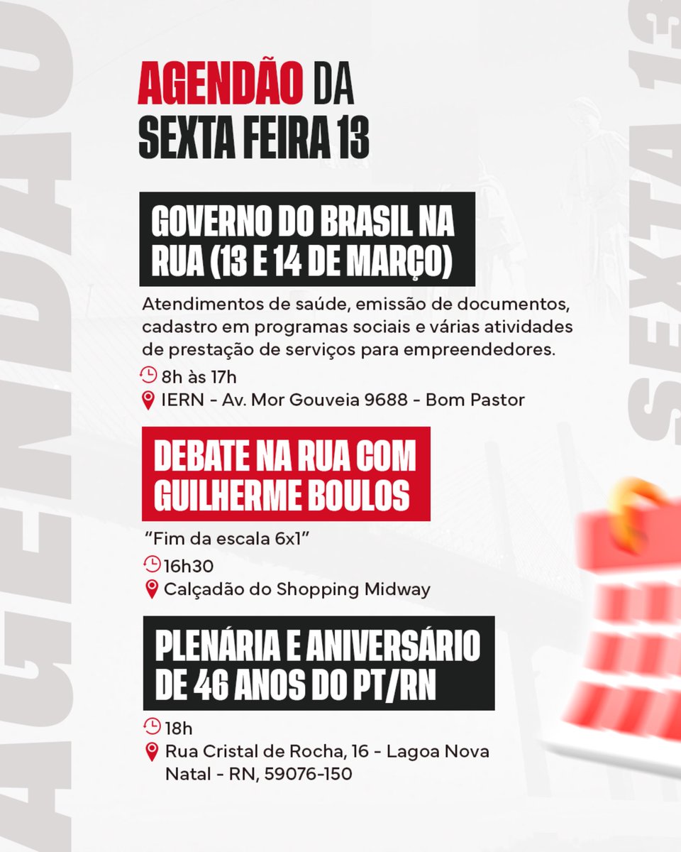 🚩 Sexta-feira 13 de mobilização, serviços para o povo e organização da luta popular. ✊🏽

✊🏾 Hoje é dia de fortalecer a luta, dialogar com o povo e construir um Brasil mais justo. Bora participar!