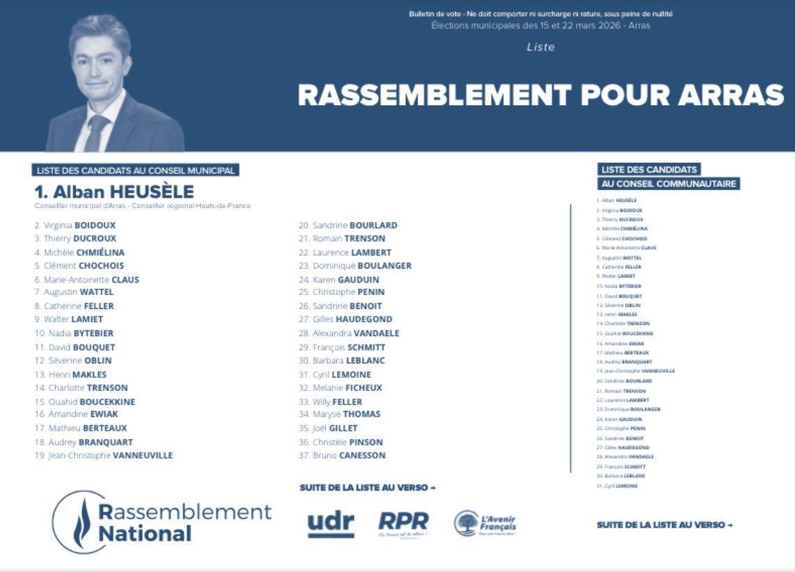 🗳️ Dimanche 15 mars, mobilisation générale !
Chaque voix compte !
Pour soutenir Alban Heusèle et la liste Rassemblement pour Arras : c'est ce bulletin de vote.
Nous comptons sur vous 🇫🇷