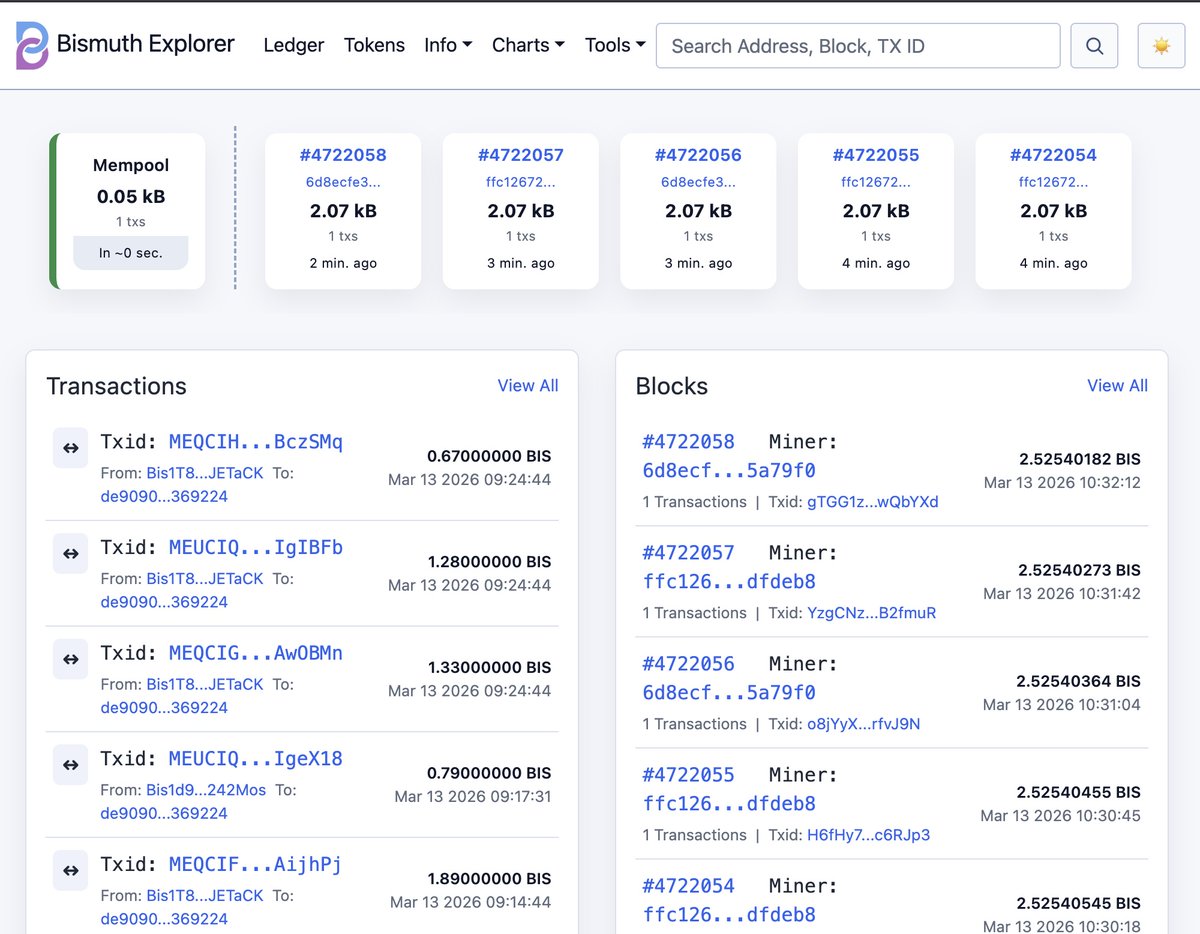 portait's tweet image. The Bismuth Blockchain Explorer now supports Light Mode and Dark Mode! 🌈✨ 
Switch between styles effortlessly with just one button! 
bismuth.im

🔄 Your experience just got a whole lot better. Check it out now! $BIS #Blockchain