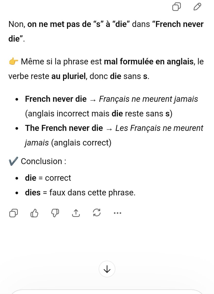 BenLf3's tweet photo. @BANJOJOJOBANJO @_losciste Non je t'ai fait un chat GPT  pour t'expliquer plus rapidement, car tu mets un s seulement "he she it" ce qui n'est pas le cas là , faut revoir ton anglais le verbe reste au pluriel https://t.co/7cDp8ZImMa
