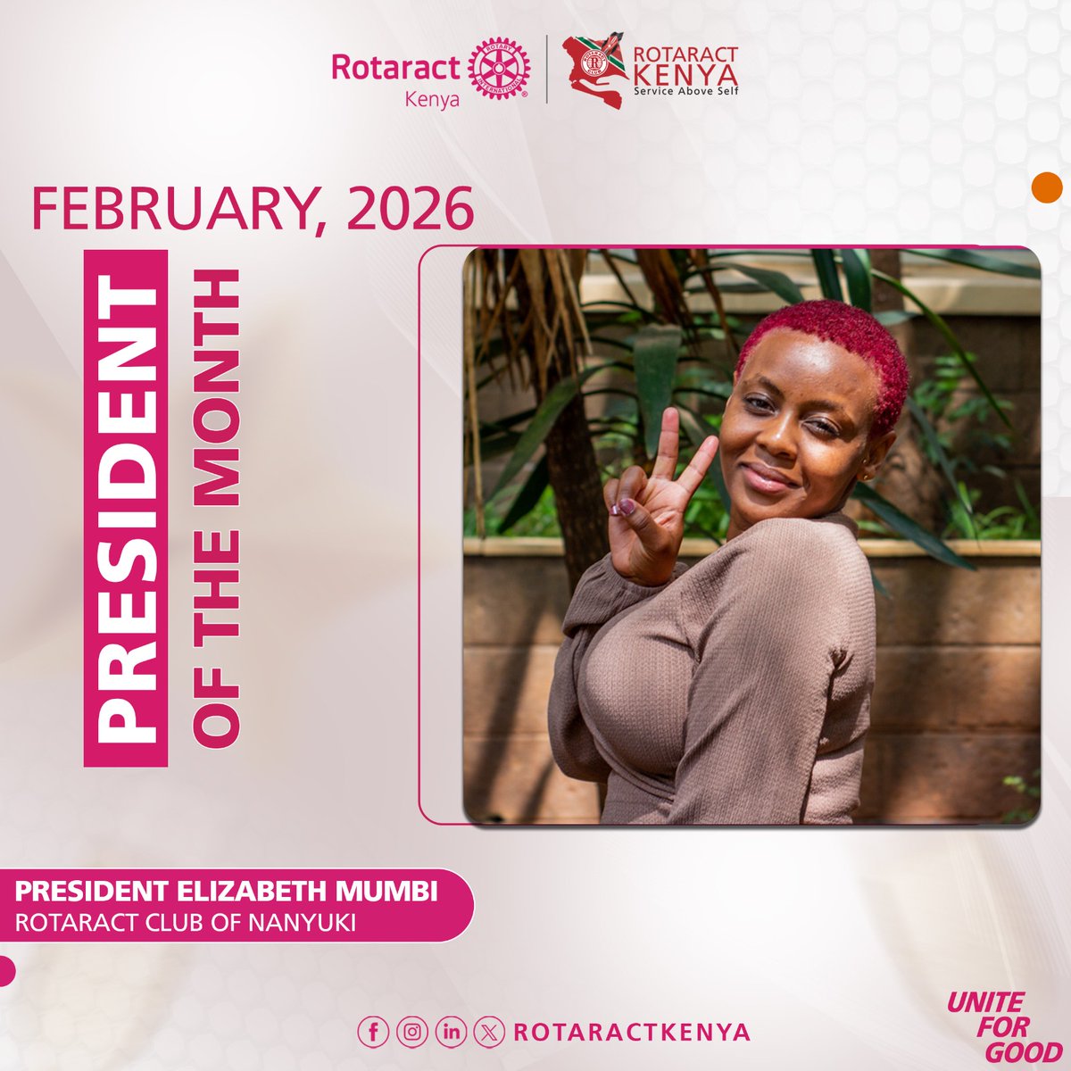 rotaract254's tweet photo. 🌟 President of the Month | February 2026
Congratulations President Elizabeth Mumbi of the Rotaract Club of Nanyuki for your inspiring leadership and unwavering commitment to making a difference. 
Keep shining and leading the way #makeithappend9212 #UniteForGood #ServiceAboveSelf https://t.co/TyNfefdhxh