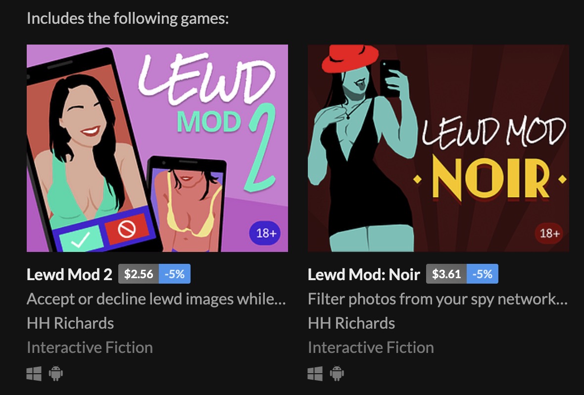 hhrichards's tweet photo. My games Lewd Mod 2, &amp; Lewd Mod: Noir are currently on a bundle sale for $5 https://t.co/0OcuHpOpQT #nsfwgame #indiegame https://t.co/yLAAufe8LS