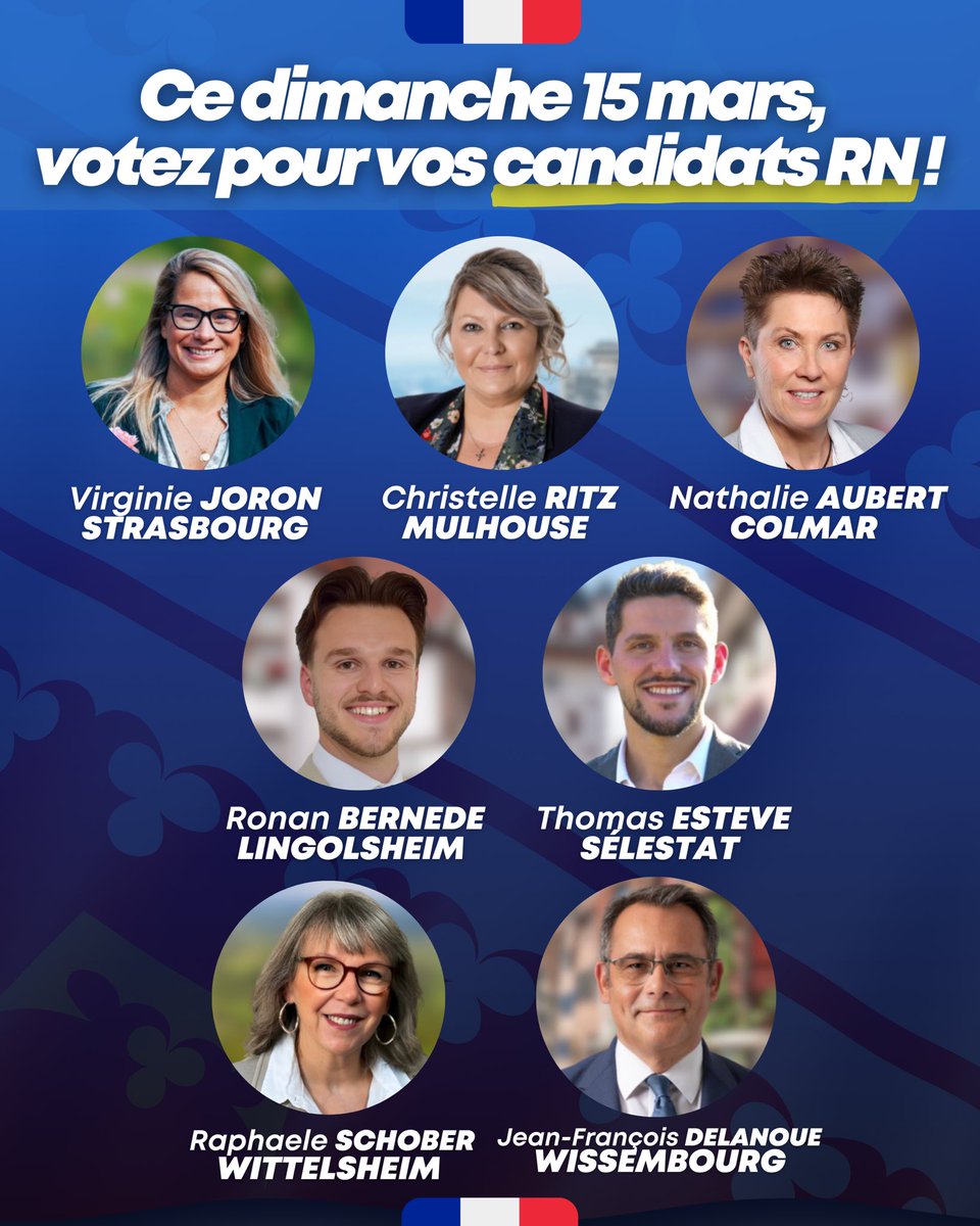 RNAlsace's tweet image. Amis patriotes,

Ce dimanche 15 mars : mobilisation totale pour les candidats RN en #Alsace !

Chaque voix compte. On y va tous !
VOTEZ RN POUR LA FRANCE 🇫🇷

@v_joron @christelleritz @Nath_Aubert65 @RonanBernede @Th_ESTEVE