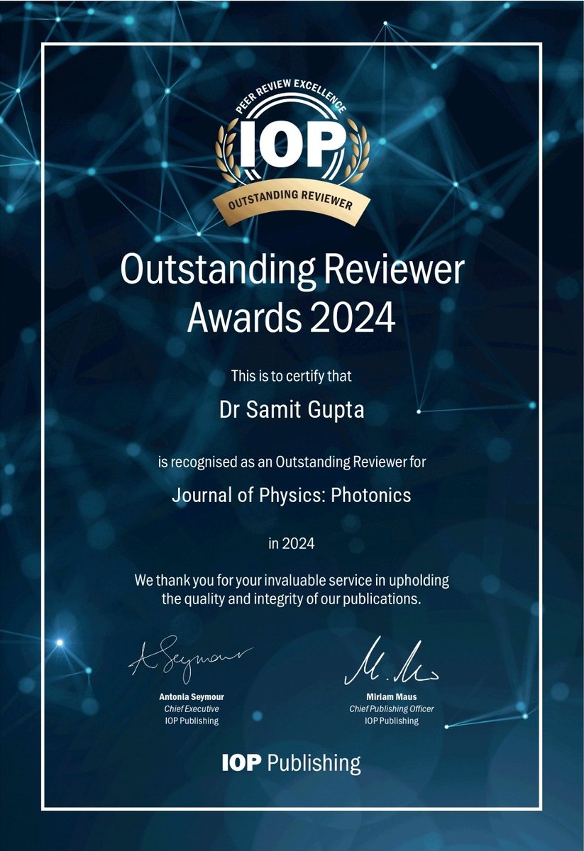 samitzkr's tweet photo. I was selected for IOP Outstanding Referee Award in Journal of Physics: Photonics.

#InstituteOfPhysics #Outstanding Referee. https://t.co/9WnIiLHQMm