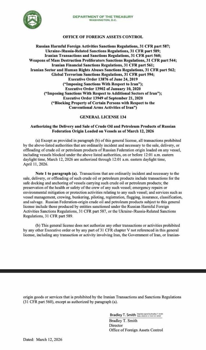 Oil markets are focused on the Middle East, but Russia is quietly benefiting. 🇷🇺

With crude prices rising, estimates suggest Russia is earning ~$150M per day in additional oil revenue.

Meanwhile, the U.S. Department of the Treasury issued OFAC General License 134, allowing
