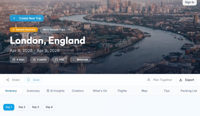 JourneeIQ's tweet photo. I asked AI to plan 4 days in London.

It generated a full itinerary with:
• hotels
• restaurants
• attractions
• a mapped daily schedule

Here’s the trip it created 👇

https://t.co/P9VIYnEDZ8

#AI #Travel #TravelPlanning https://t.co/5bAyEEyuYj