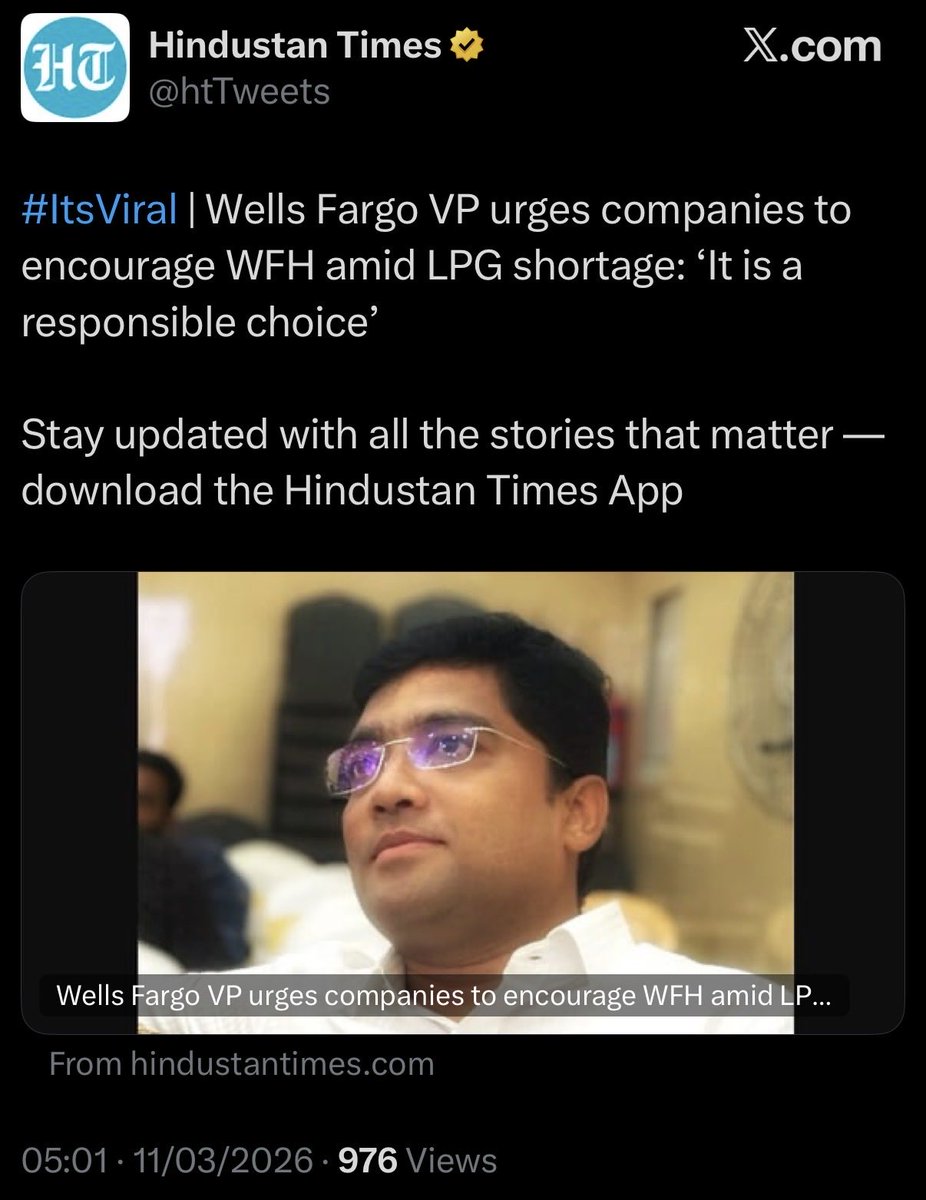 FITEMaharashtra's tweet image. A Wells Fargo executive has suggested companies encourage Work From Home amid the LPG shortage, describing it as a responsible approach.

What do you think? 

#WFH #ITEmployees