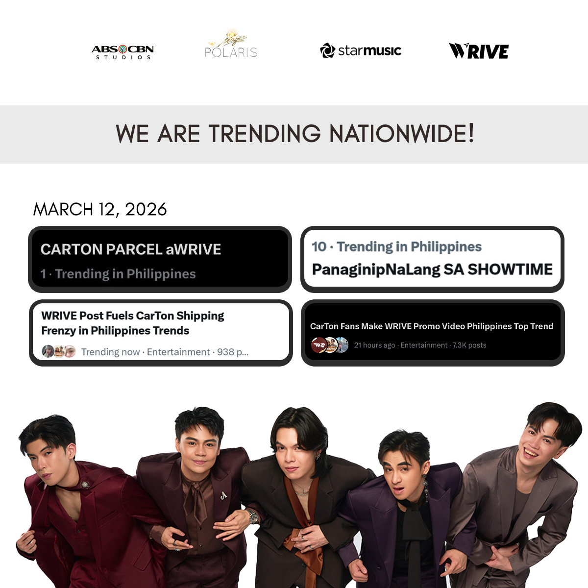 ➤ #WRIVE: Thank u so much, Arrows for making us trend online! Special shoutout po to the fans of #CarTon—Couriers, and ni bunso, Carmellites for the unexpected support! 🏹📦💛

🛫 orcd.co/WRIVE_1stAlbum

PanaginipNaLang SA SHOWTIME
CARTON PARCEL aWRIVE

#StarMagic #StarMusicPH