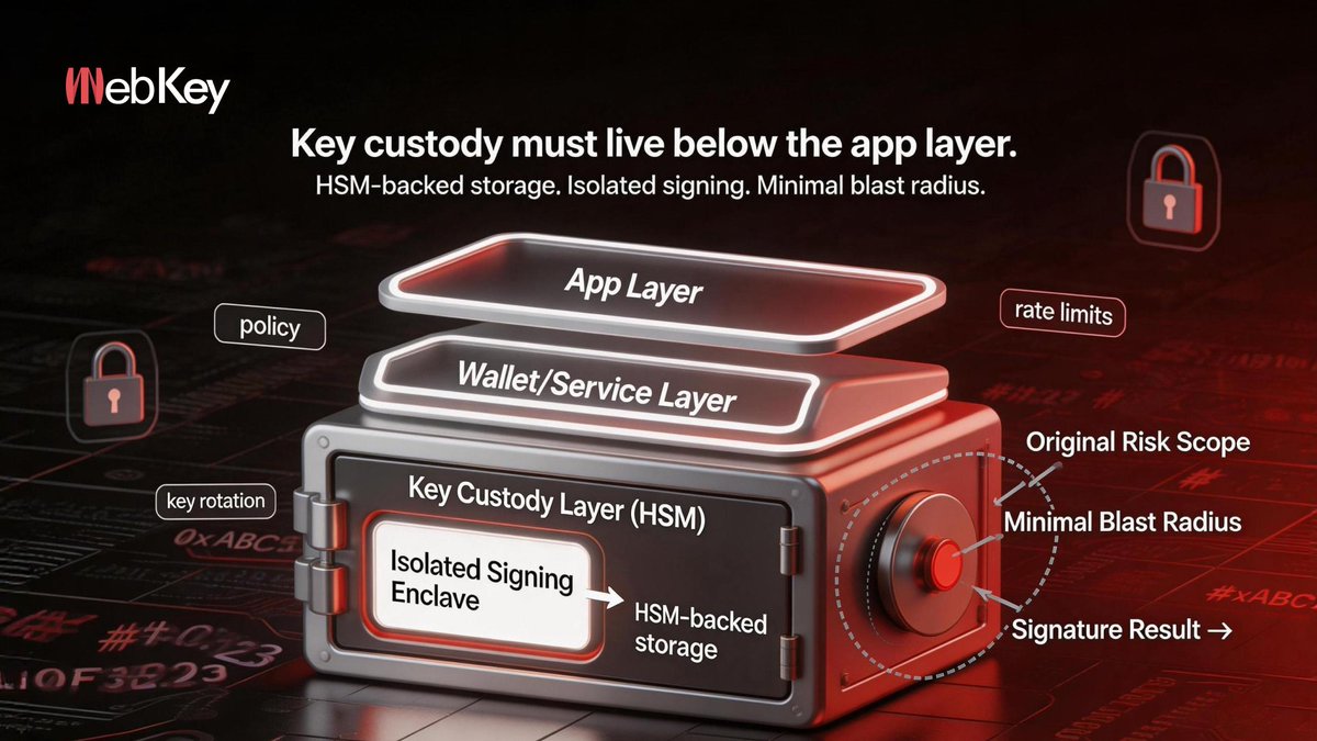 WebKey_'s tweet image. Key custody must live below the app layer.
HSM-backed storage, isolated signing, minimal blast radius. 🔐

#SelfCustody #HSM 🧯