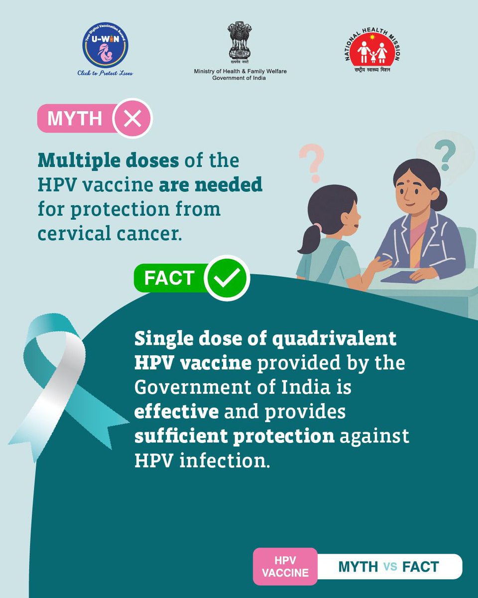Heard that multiple doses are needed? Let’s clear it up.

✔️ A single dose of the quadrivalent HPV vaccine is effective.
✔️ It provides strong protection against HPV infection.
✔️ It helps prevent cervical cancer.

Don’t let myths delay protection.

#HPVVaccine
#CervicalCancer